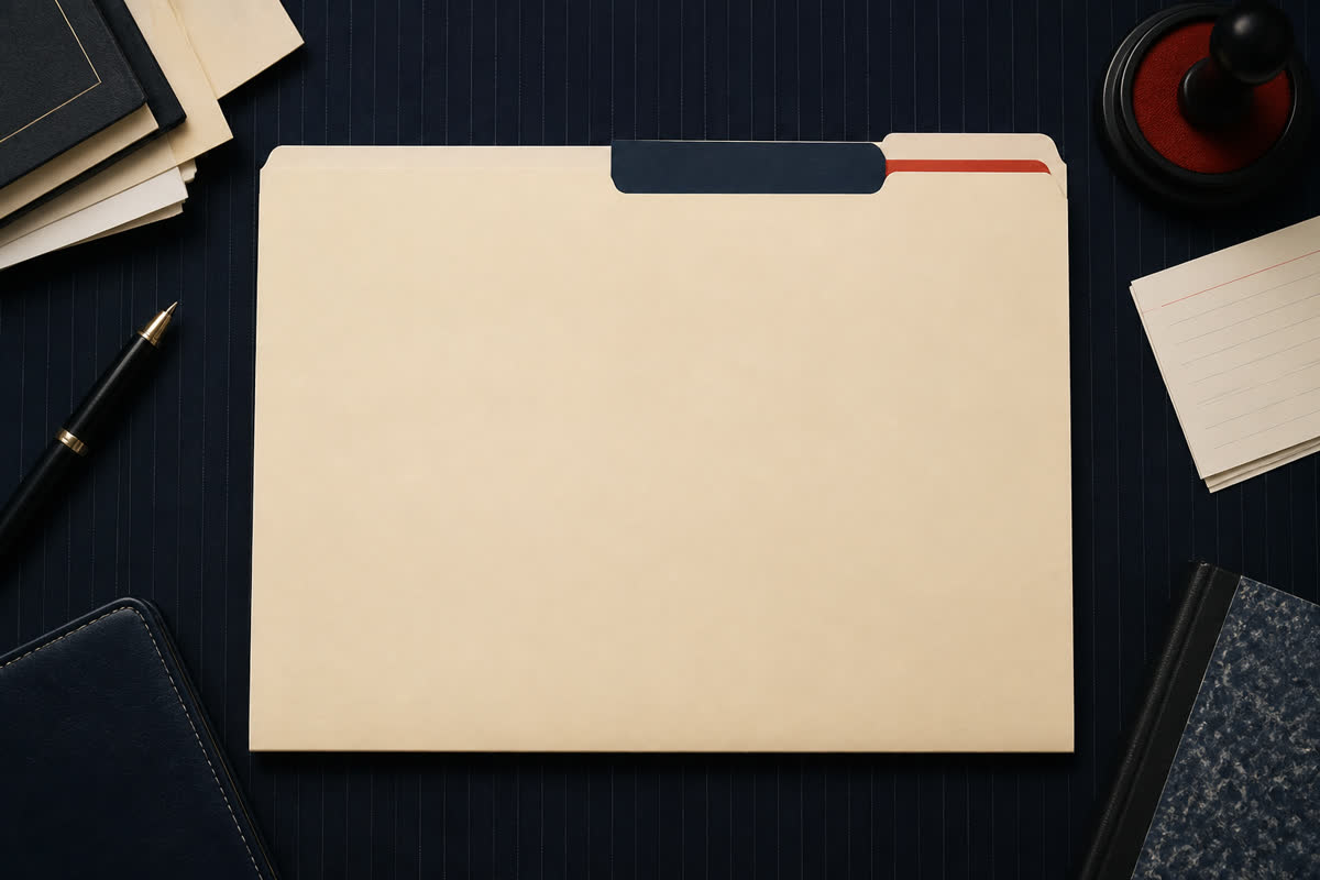Manila folder on an ink-navy pinstripe desk with a stamp and fountain pen.